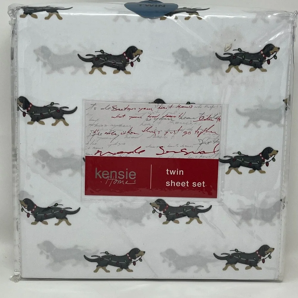 Kensie Home Twin Sheet Set Christmas Dachshund Dogs Lights White Microfiber
